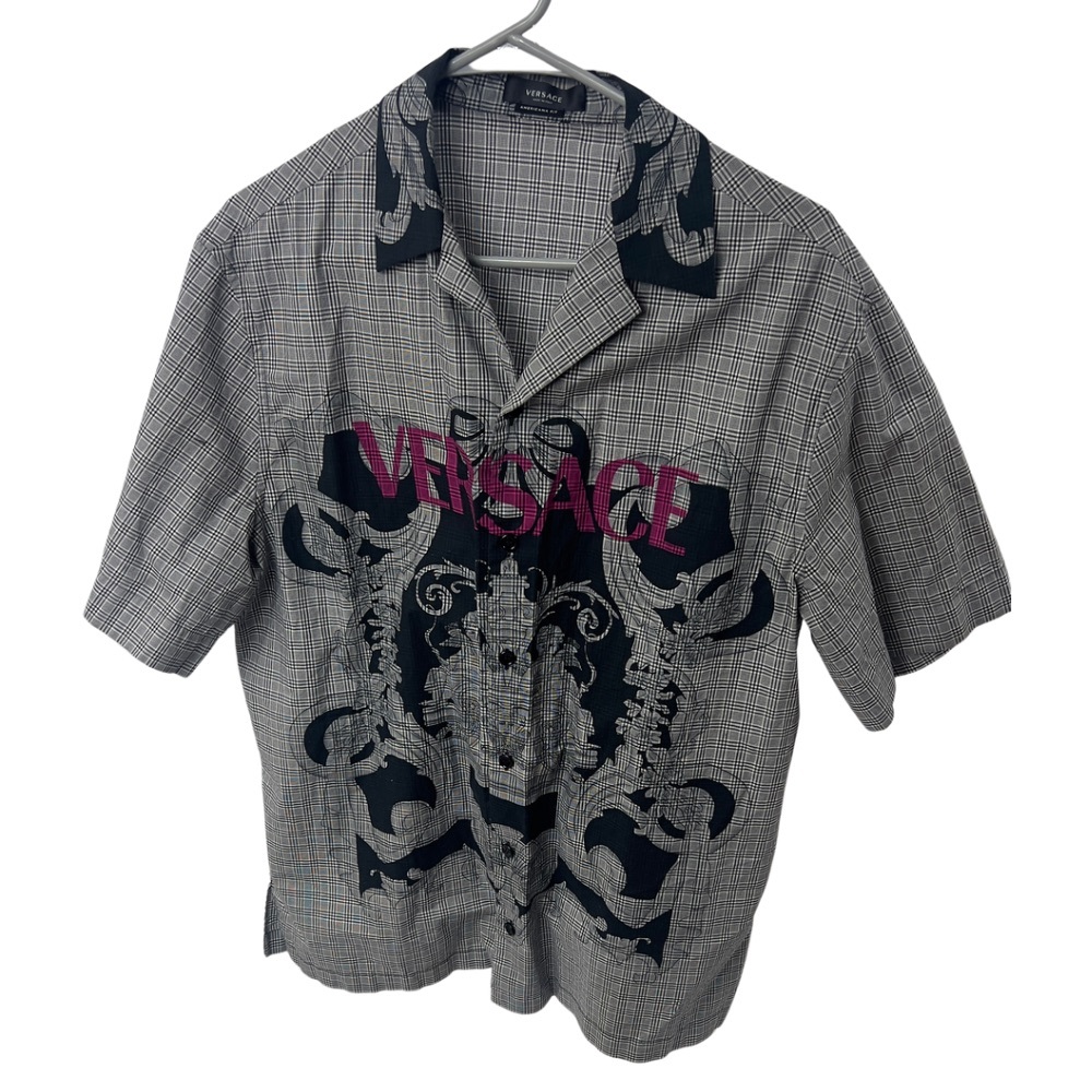 Versace Americana Fit Plaid Short Sleeve Button-Up Shirt